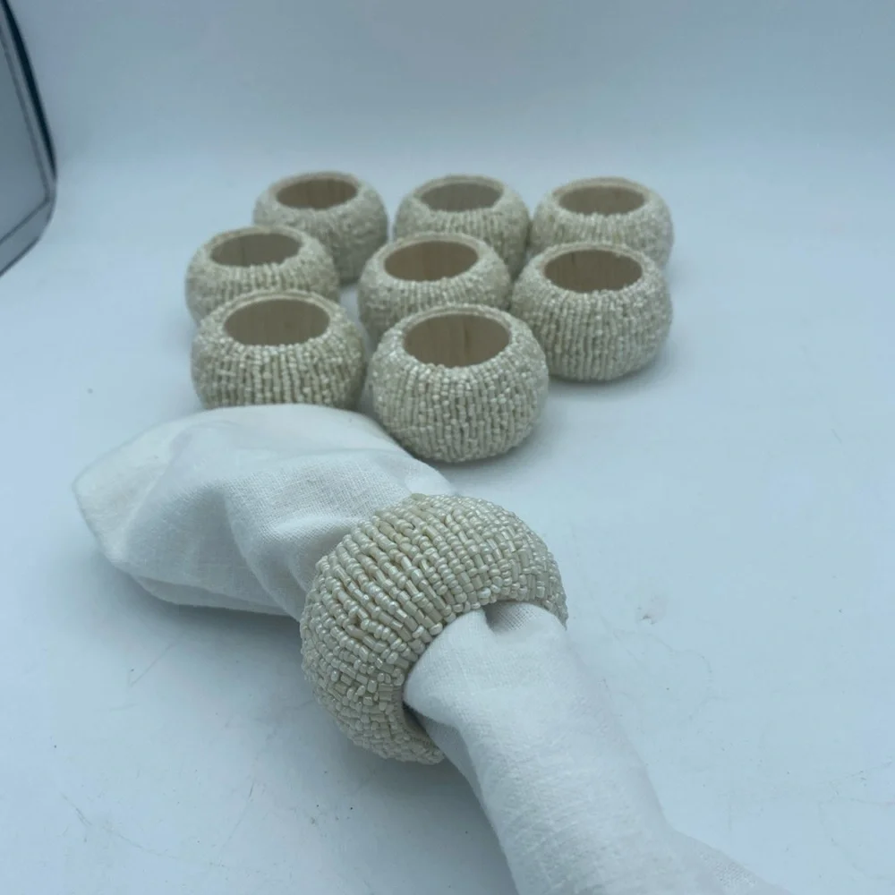 VTG Set Of 9 Beaded Cream Color Chunky Napkin Rings Holders